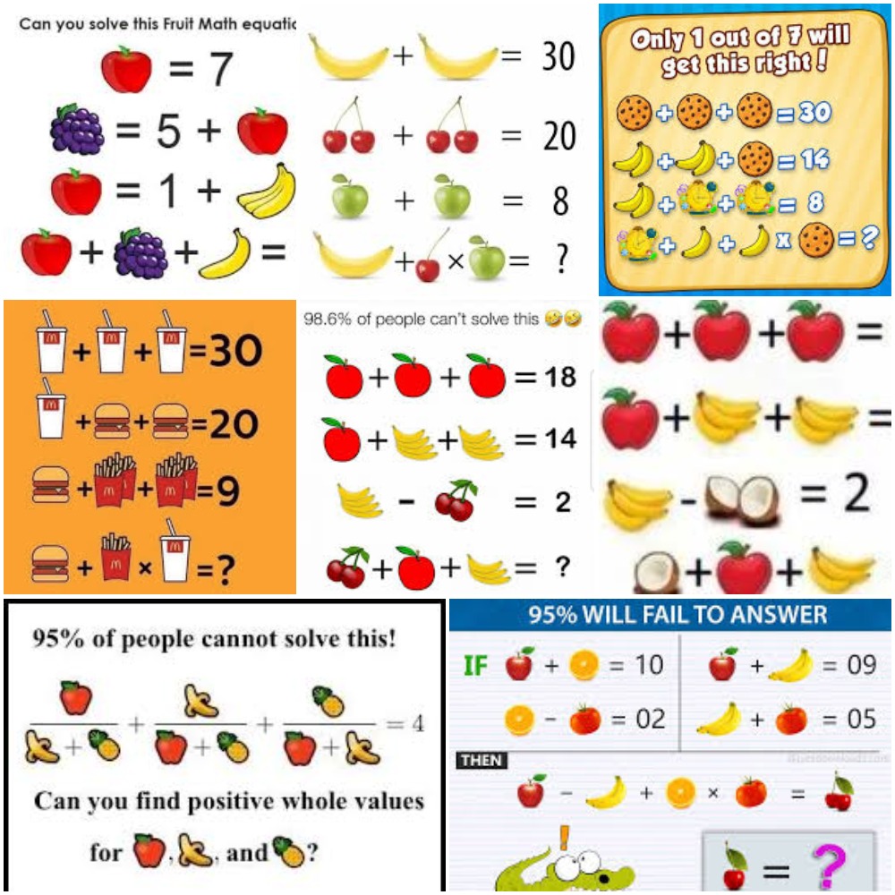 a collage of different math problems using pictures of food