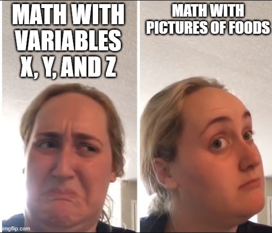 girl making a bad face at math with variables x, y, z, and an interested face at doing math with food